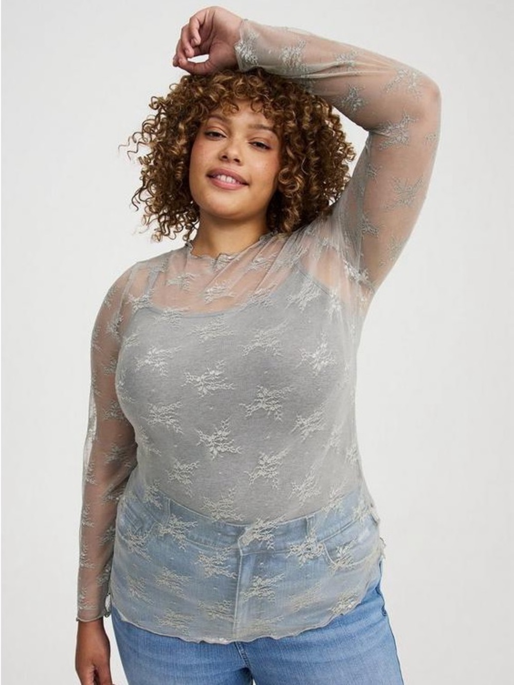 Torrid Sheer Lace Long-Sleeve Top - Light Gray